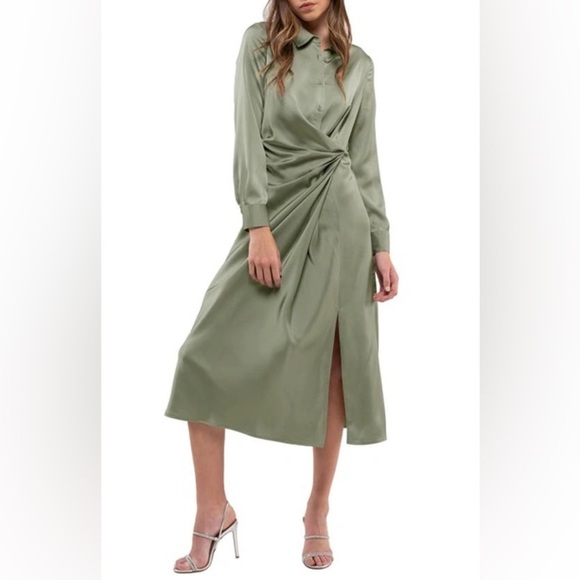 August Sky Sage Green Satin Side Knot Midi Shirt Dress – Size Small - Picture 1 of 6